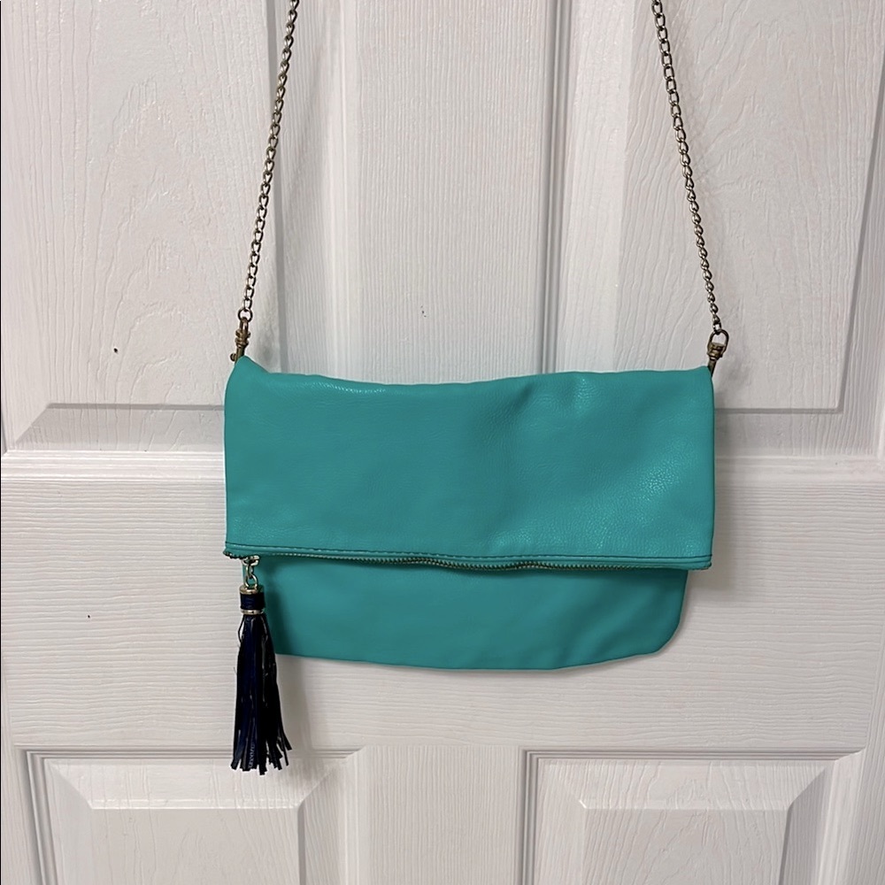 Teal Foldover Faux Leather Crossbody Clutch Purse